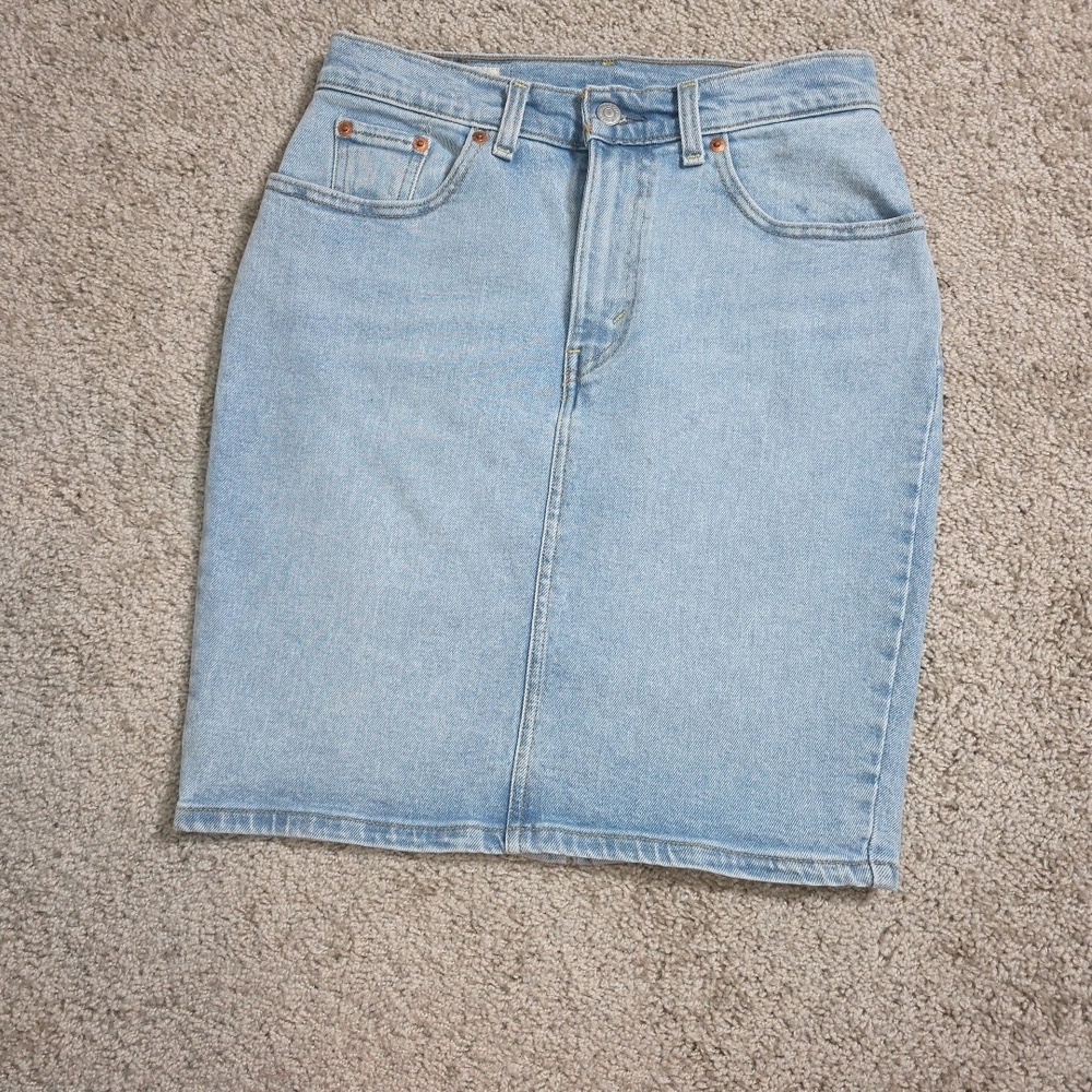 Levis Pencil Skirt Womens 26 Blue Straight Denim Logo Cotton Stretch Back Slit